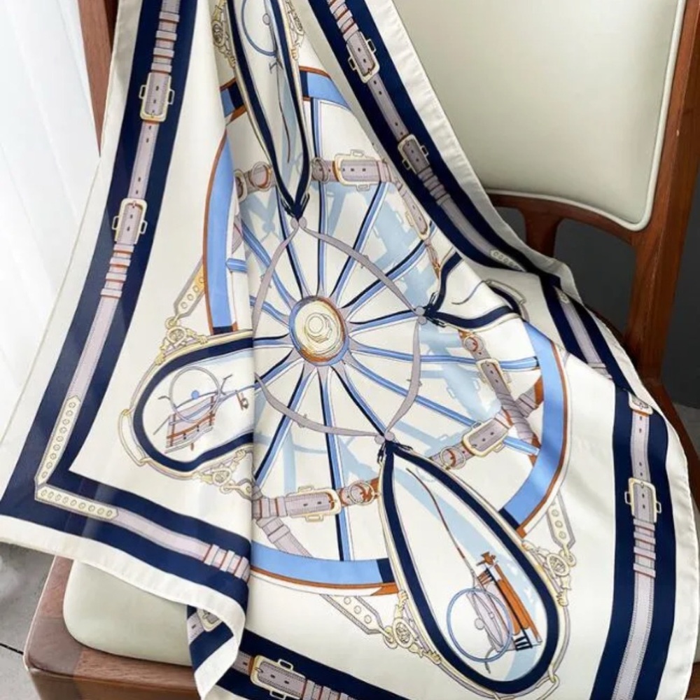 Equestrian Themed Blue & White Silky Scarf